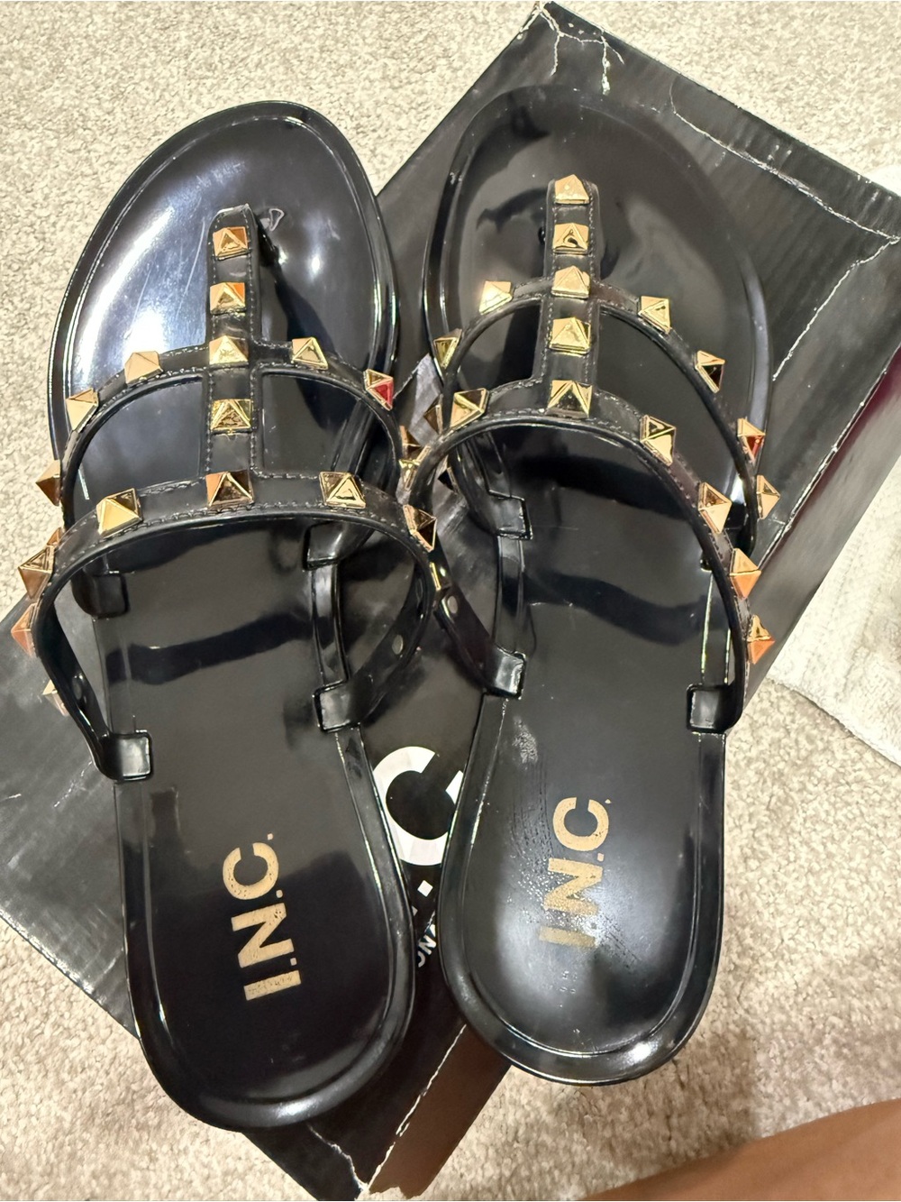 INC International Concepts Black Sandals with Gold Studs
